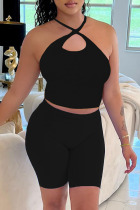 Black Sexy Solid Bandage Backless Halter Sleeveless Two Pieces