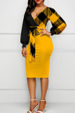 Earth Yellow Sexy Print Bandage Patchwork V Neck One Step Skirt Dresses