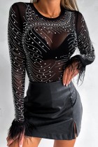 Black Sexy Patchwork Hot Drilling See-through O Neck Tops