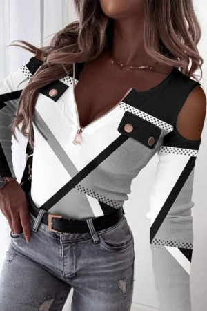 Grey Casual Print Patchwork V Neck Tops