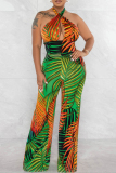 Green Sexy Casual Print Floral Printing Halter Straight Jumpsuits