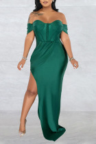 Green Sexy Elegant Solid Patchwork Slit Off the Shoulder Straight Dresses