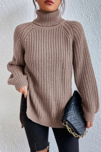 Khaki Casual Solid Basic Turtleneck Tops