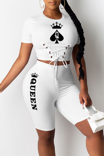 White Casual Street Print Bandage Patchwork O Neck Short Sleeve Two Pieces