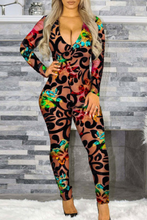 Brown Sexy Print Basic V Neck Regular Jumpsuits