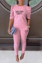 Pink Casual Print Letter O Neck Short Sleeve Two Pieces