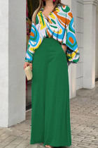 Colour Fashion Casual Print Patchwork Buckle Turndown Collar Long Sleeve Two Pieces
