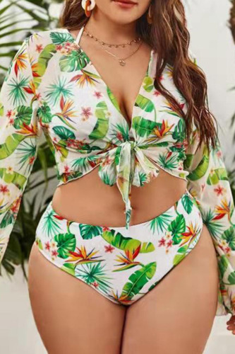 Green Sexy Print Patchwork Halter Plus Size Swimwear (Three Pieces)