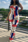 Red Blue Sexy Casual Print Printing U Neck Skinny Jumpsuits