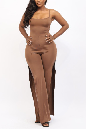 Brown Sexy Solid Bandage Slit Spaghetti Strap Regular Jumpsuits
