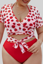 Red Sexy Print Bandage Patchwork V Neck Plus Size Swimwear