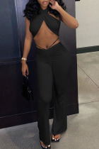 Black Sexy Solid Patchwork Halter Sleeveless Two Pieces