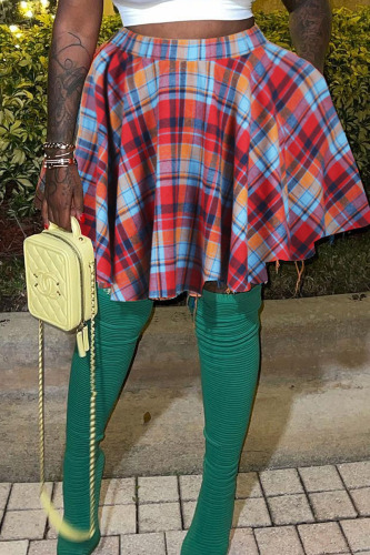 Red Casual Plaid Print Patchwork High Waist Type A Full Print Bottoms