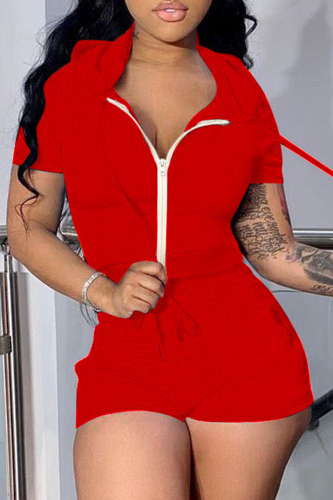 Red Casual Solid Basic Hooded Collar Long Sleeve Two Pieces