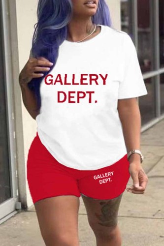 Red Casual Print Letter O Neck Short Sleeve Two Pieces