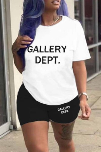 Black Casual Print Letter O Neck Short Sleeve Two Pieces
