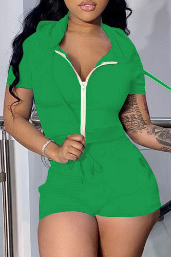 Green Casual Solid Basic Hooded Collar Long Sleeve Two Pieces