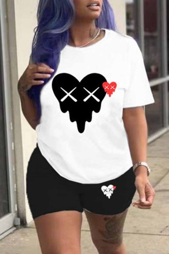 Black Casual Print Patchwork O Neck Short Sleeve Two Pieces