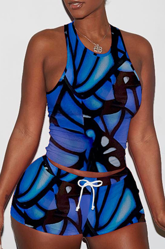 Royal Blue Street Print Patchwork O Neck Sleeveless Two Pieces