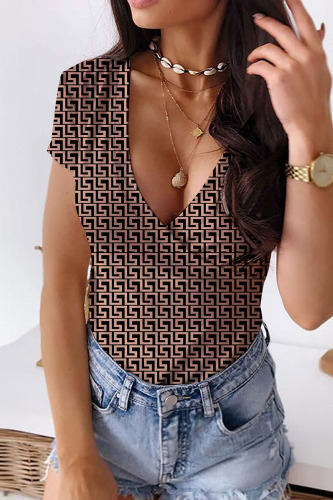 Brown Casual Street Print Patchwork V Neck T-Shirts