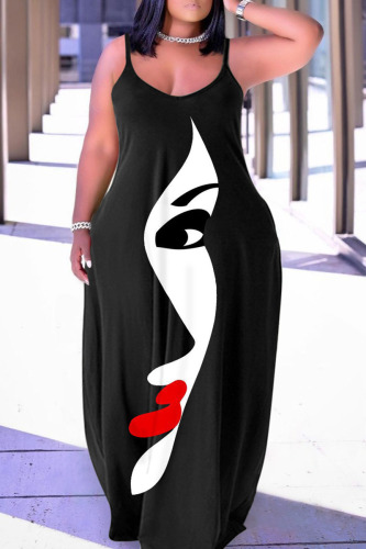 Black Casual Street Print Patchwork Spaghetti Strap Lantern Skirt Plus Size Dresses