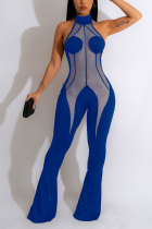 Blue Sexy Casual Solid Patchwork See-through Halter Skinny Jumpsuits