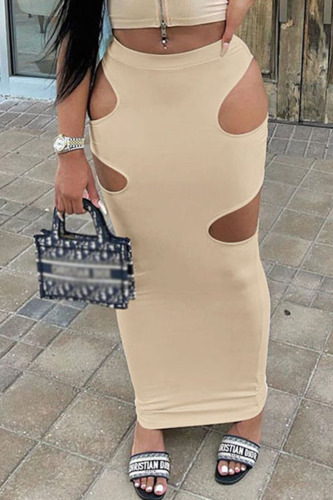 Khaki Sexy Solid Hollowed Out Patchwork Regular Mid Waist Pencil Solid Color Bottoms