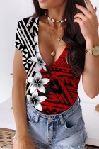 Red Black Casual Print Patchwork V Neck T-Shirts
