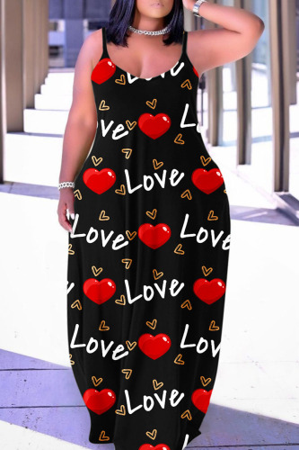 Black Red Casual Street Print Patchwork Spaghetti Strap Lantern Skirt Plus Size Dresses