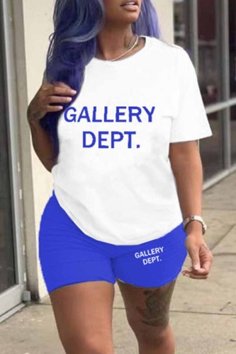 Blue Casual Print Letter O Neck Short Sleeve Two Pieces