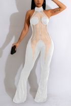 White Sexy Casual Solid Patchwork See-through Halter Skinny Jumpsuits