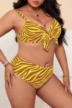 Yellow Sexy Print Backless Spaghetti Strap Plus Size Swimwear (With Paddings)