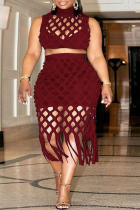 Burgundy Plus Size Fashion Sexy Solid Hollowed Out Turtleneck Two Pieces