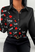 Black Casual Print Patchwork Shirt Collar Tops