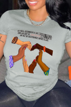 Grey Casual Print Patchwork O Neck T-Shirts