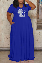 Blue Casual Print Patchwork V Neck Straight Plus Size Dresses