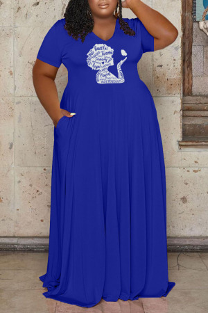 Blue Casual Print Patchwork V Neck Straight Plus Size Dresses