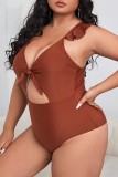 Brown Sexy Solid Hollowed Out Backless Spaghetti Strap Plus Size Swimwear (With Paddings)