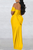Yellow Sexy Elegant Solid Patchwork Slit Off the Shoulder Straight Dresses