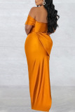 Yellow Sexy Elegant Solid Patchwork Slit Off the Shoulder Straight Dresses