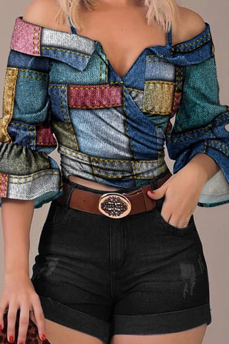 Blue Casual Sweet Print Patchwork Off the Shoulder Tops