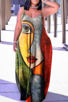 Orange Green Casual Street Print Patchwork Spaghetti Strap Lantern Skirt Plus Size Dresses