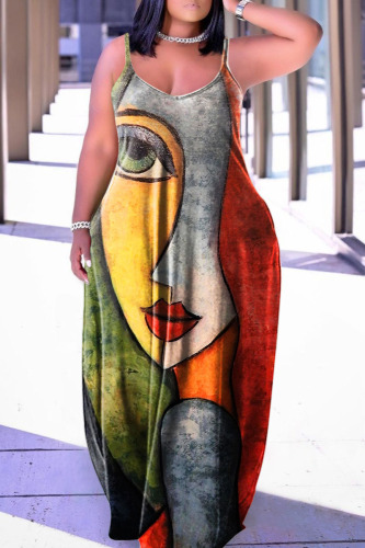 Orange Green Casual Street Print Patchwork Spaghetti Strap Lantern Skirt Plus Size Dresses