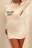 White Sexy Print Backless Letter Half A Turtleneck One Step Skirt Dresses