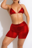 Red Sexy Solid Patchwork Spaghetti Strap Sleeveless Two Pieces