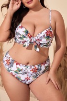 White Sexy Print Backless Spaghetti Strap Plus Size Swimwear (With Paddings)