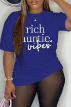 Navy Blue Casual Street Print Patchwork Letter O Neck T-Shirts