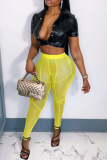 Yellow Sexy Solid See-through Skinny High Waist Pencil Solid Color Trousers