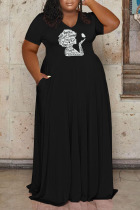 Black Casual Print Patchwork V Neck Straight Plus Size Dresses
