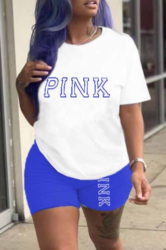 Blue Casual Print Letter O Neck Short Sleeve Two Pieces
